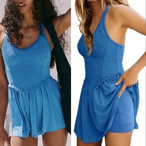 NWT FREE PEOPLE FP movement smockin hot mini dress denim blue S